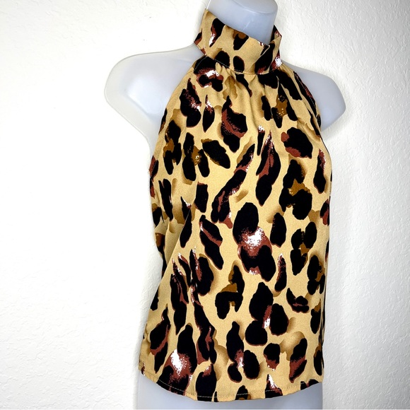 Yumeng Fushi Leopard Blouse Size S Sleeveless Stretch Halter Collar Shirt Top - Picture 2 of 13